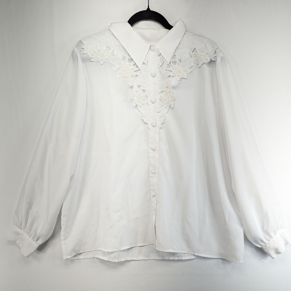 Just For Women White Lace Bib Blouse Faux Pearl Floral Embroidery 20W Long SL